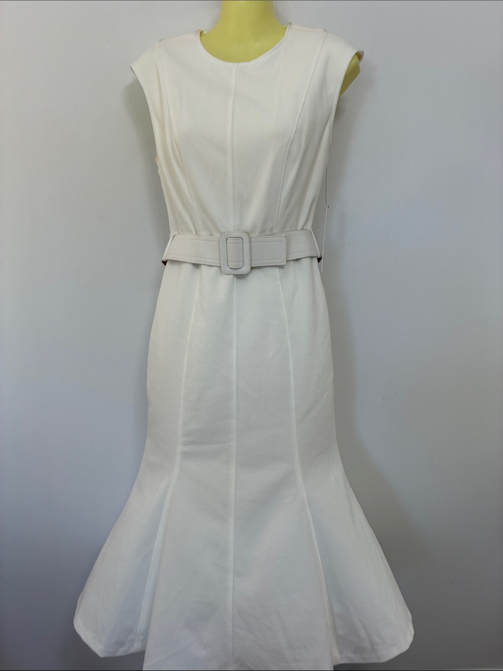 Calvin Klein Dress  Cream Belted Flared Tulip Midi Dress Sz 4 New With Tags